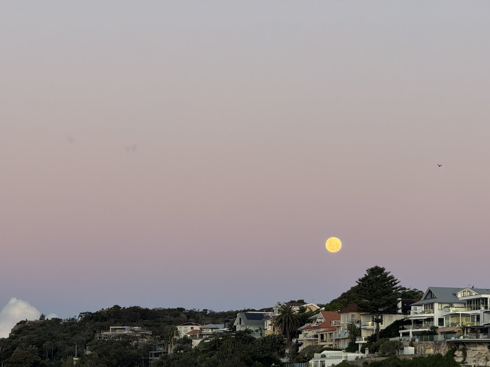 Full moon over hillside houses at dusk